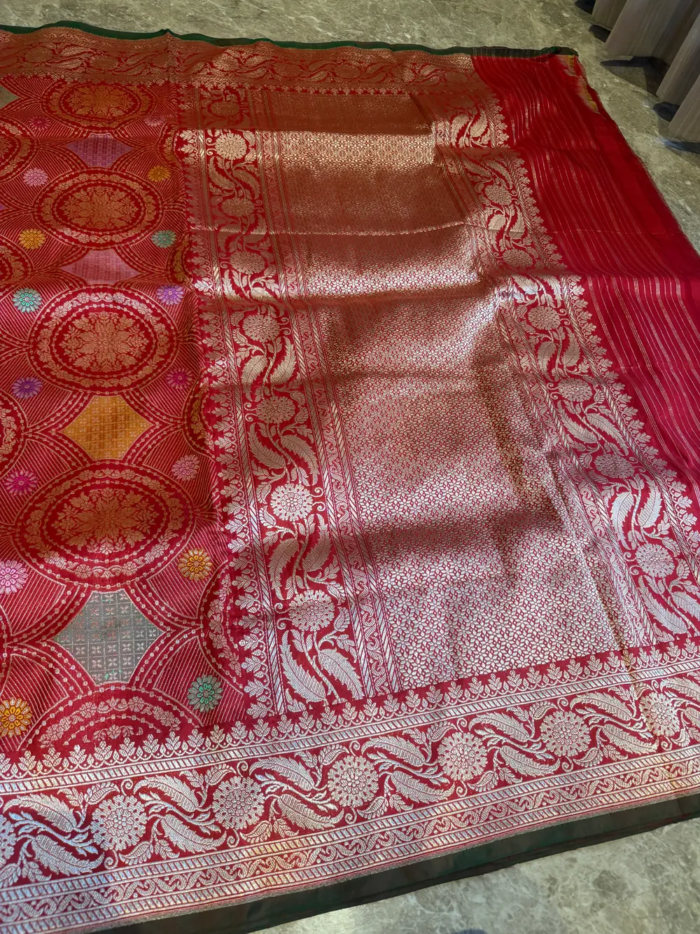 Scarlet Katan Silk Kaduwa Banarasi with Multi-Colour Meenakari — Banarasi, Pure Katan Silk, Varanasi, Uttar Pradesh, view 8
