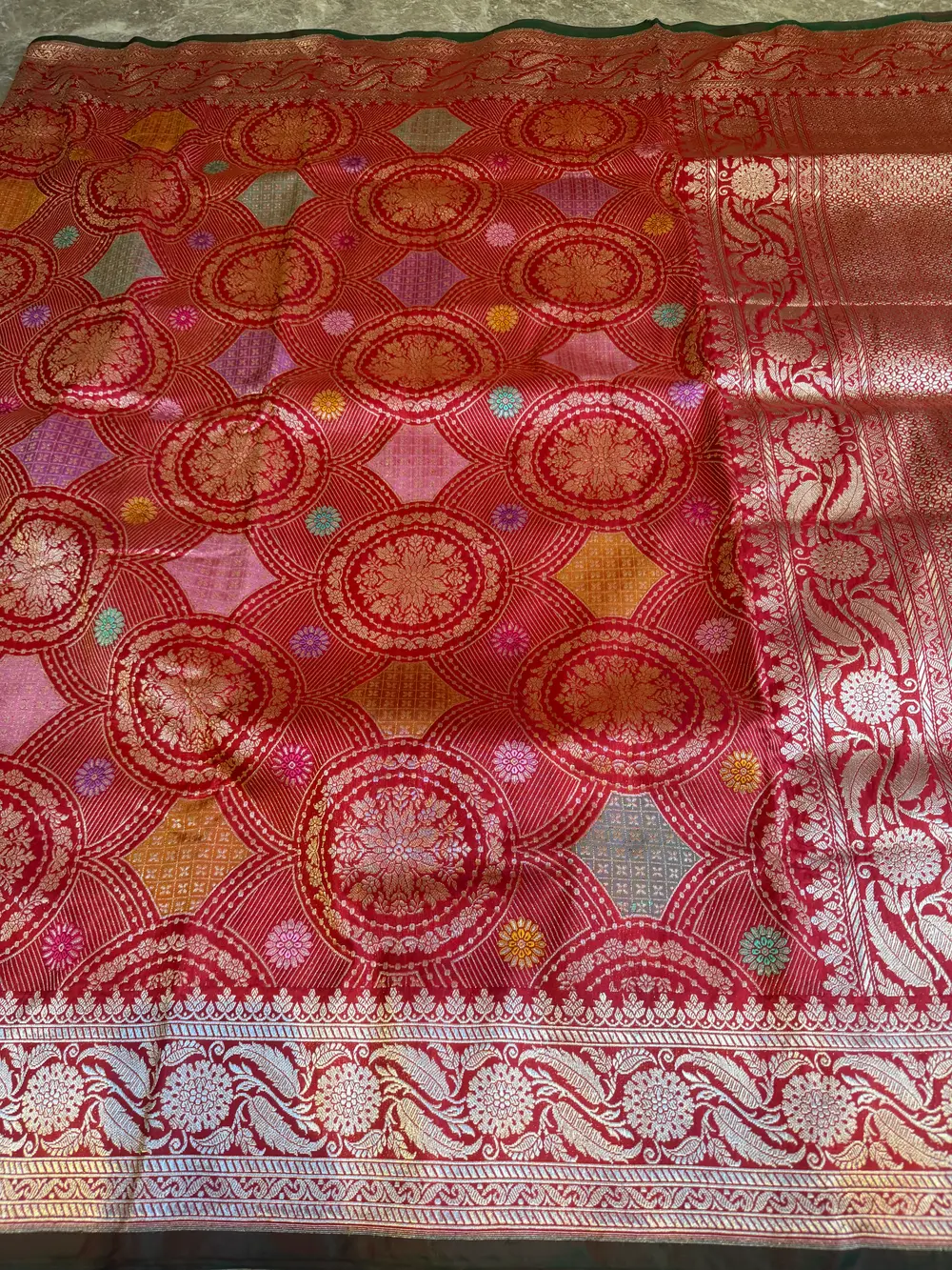 Scarlet Katan Silk Kaduwa Banarasi with Multi-Colour Meenakari — Banarasi, Pure Katan Silk, Varanasi, Uttar Pradesh, view 9