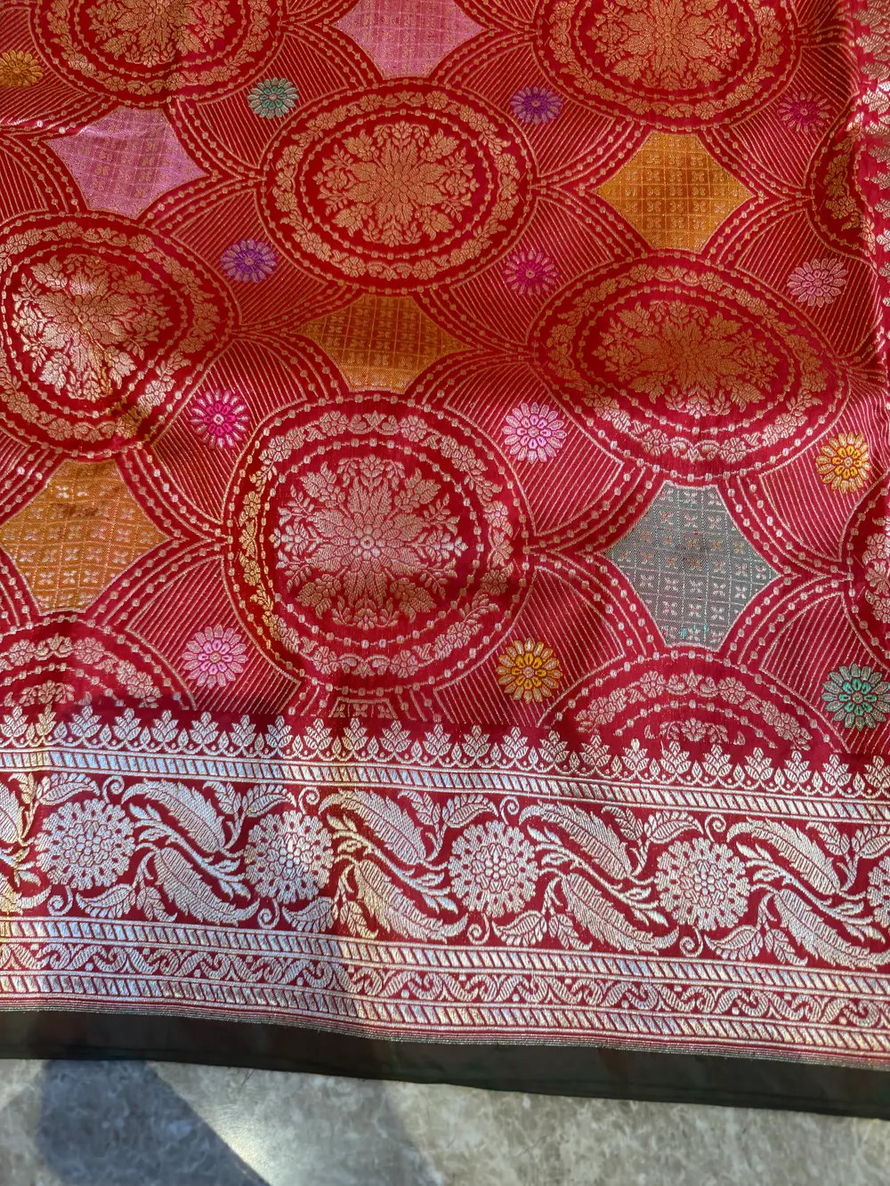 Scarlet Katan Silk Kaduwa Banarasi with Multi-Colour Meenakari — Banarasi, Pure Katan Silk, Varanasi, Uttar Pradesh, view 10