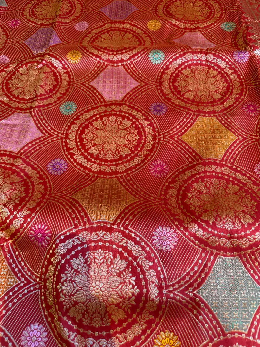 Scarlet Katan Silk Kaduwa Banarasi with Multi-Colour Meenakari — Banarasi, Pure Katan Silk, Varanasi, Uttar Pradesh, view 11