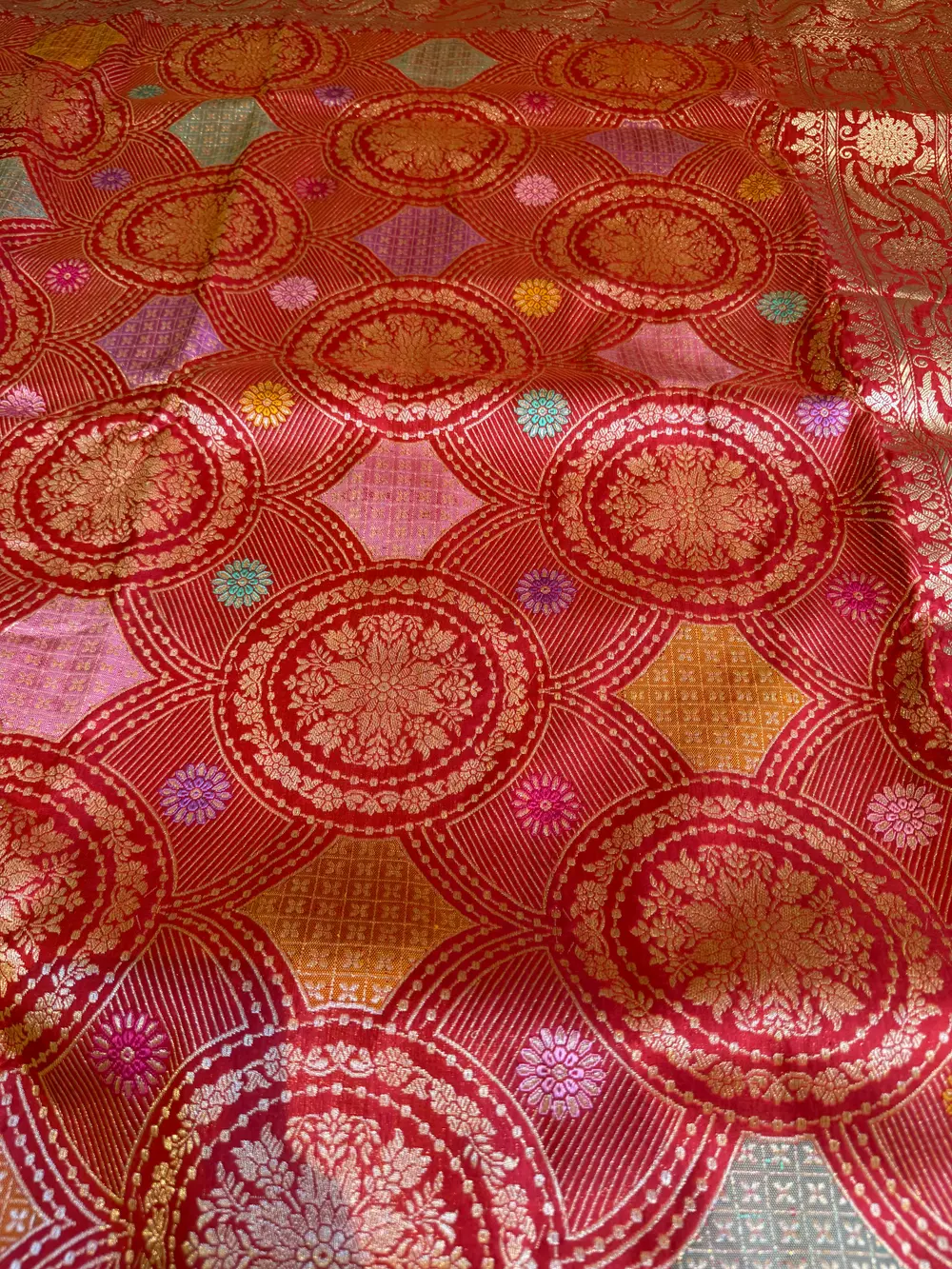 Scarlet Katan Silk Kaduwa Banarasi with Multi-Colour Meenakari — Banarasi, Pure Katan Silk, Varanasi, Uttar Pradesh, view 12