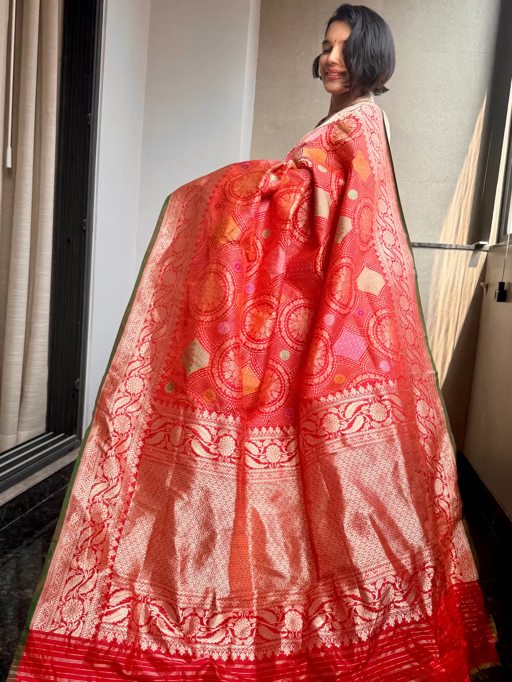 Scarlet Katan Silk Kaduwa Banarasi with Multi-Colour Meenakari — Banarasi, Pure Katan Silk, Varanasi, Uttar Pradesh, view 5