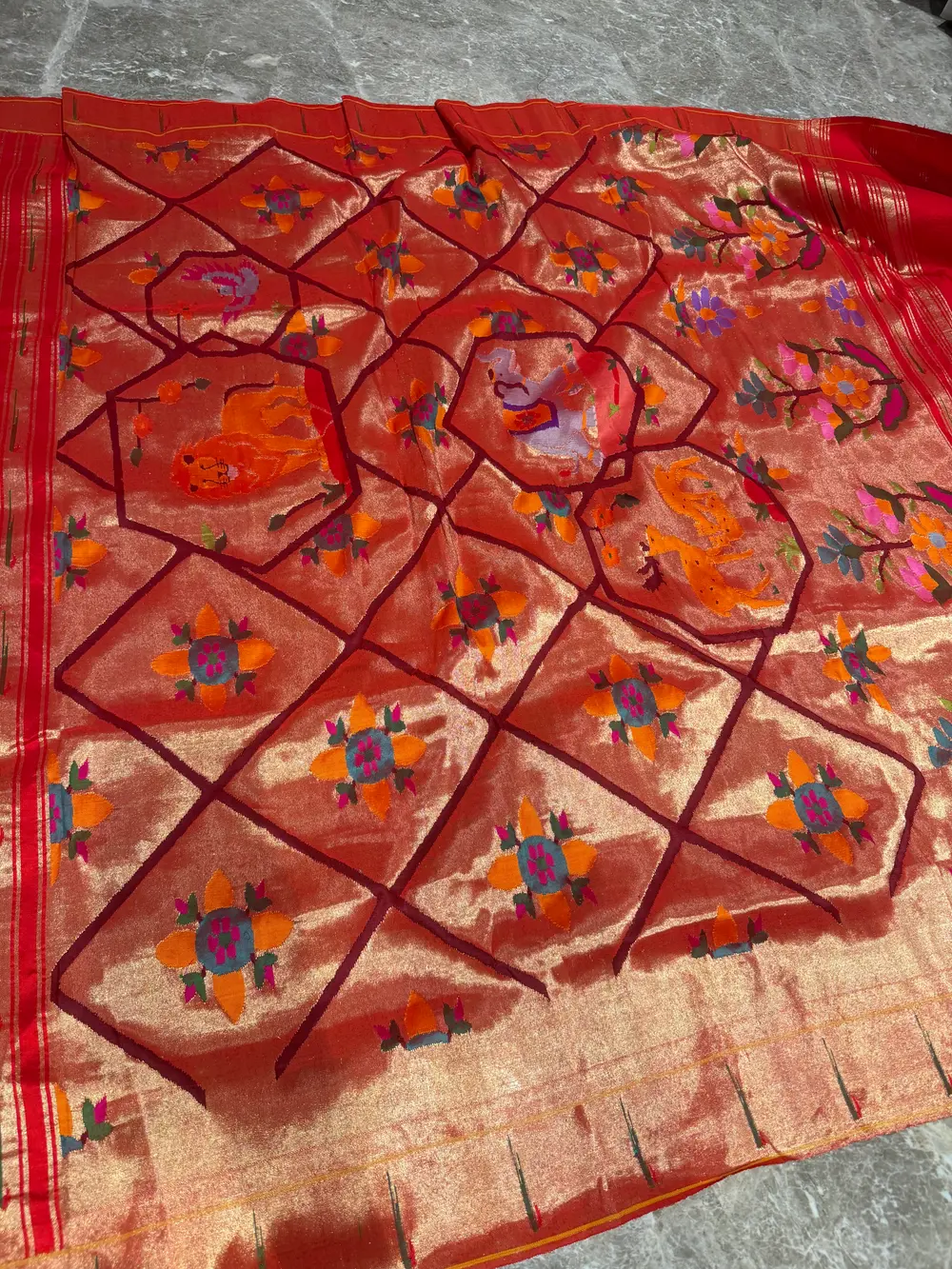 Red Pure Silk Jamdani Paithani Saree with Animal Motif Pallu — Paithani, Pure Silk, Yeola, Maharashtra, view 12