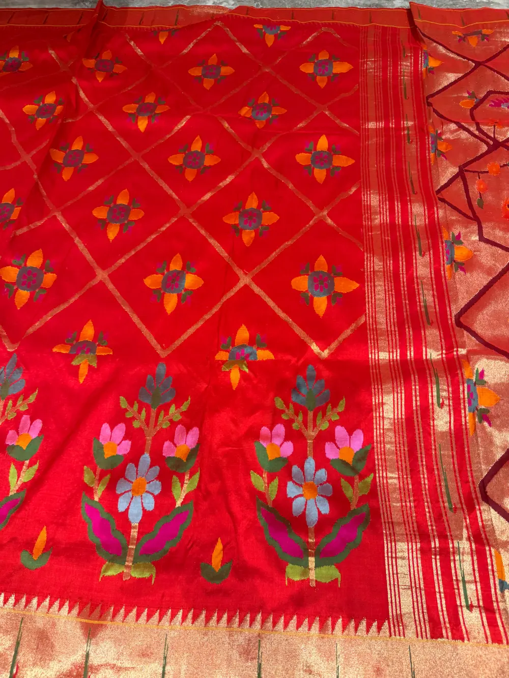 Red Pure Silk Jamdani Paithani Saree with Animal Motif Pallu — Paithani, Pure Silk, Yeola, Maharashtra, view 14