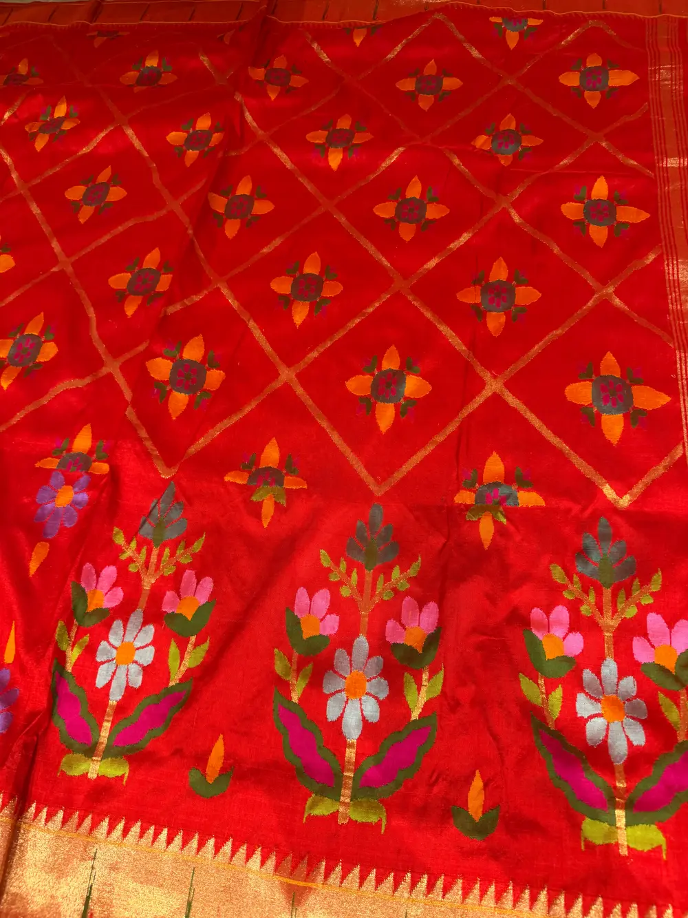 Red Pure Silk Jamdani Paithani Saree with Animal Motif Pallu — Paithani, Pure Silk, Yeola, Maharashtra, view 15
