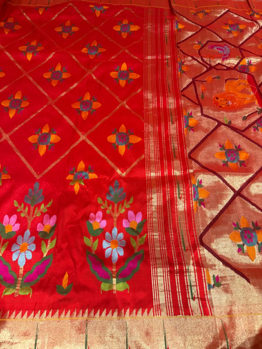 Red Pure Silk Jamdani Paithani Saree with Animal Motif Pallu — Paithani, Pure Silk, Yeola, Maharashtra, view 13