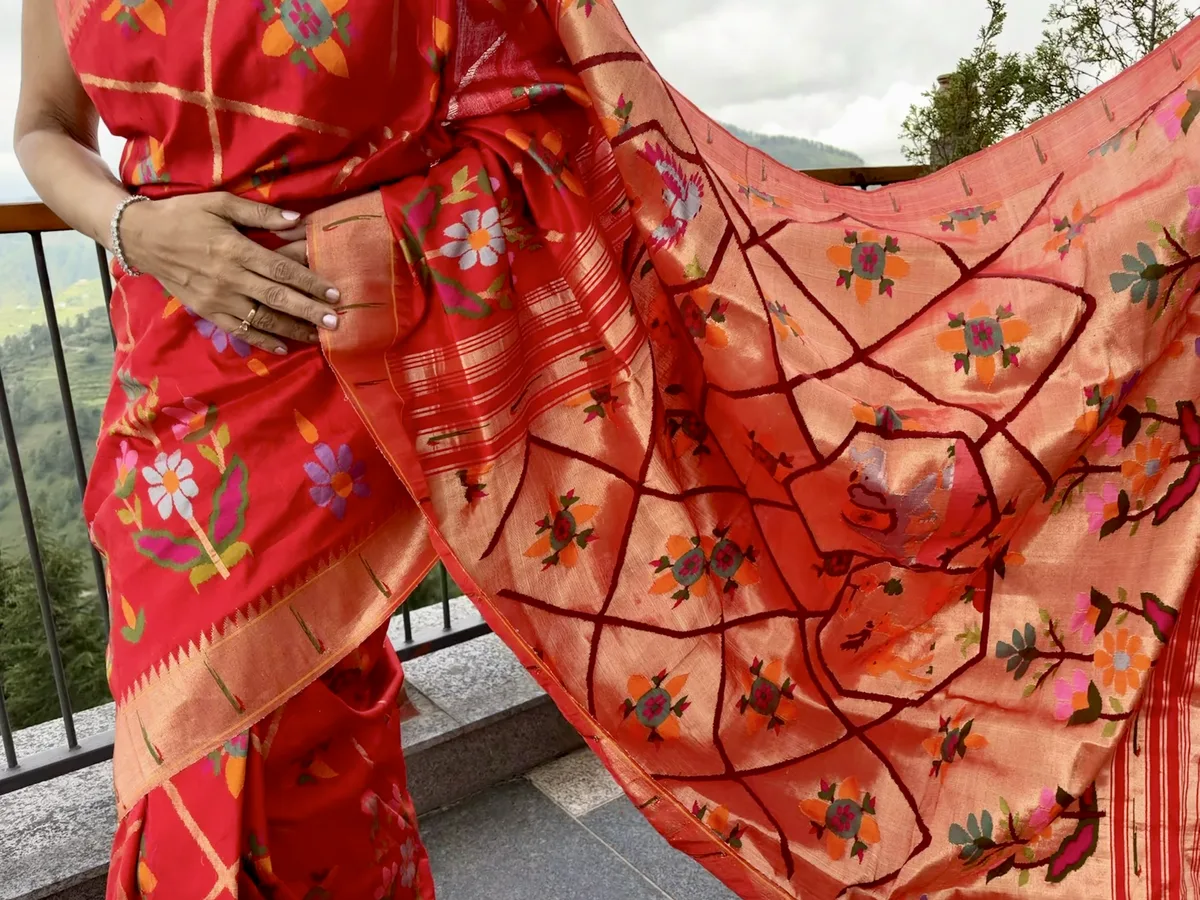 Red Pure Silk Jamdani Paithani Saree with Animal Motif Pallu — Paithani, Pure Silk, Yeola, Maharashtra, view 9