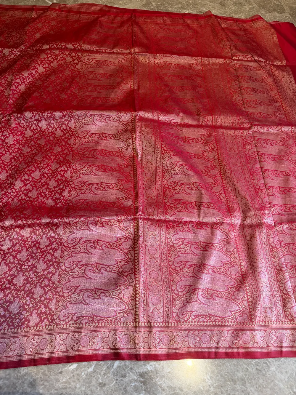 Red Silk Tanchoi Banarasi Saree with Vintage Paisley Pallu — Banarasi, Silk, Varanasi, Uttar Pradesh, view 6