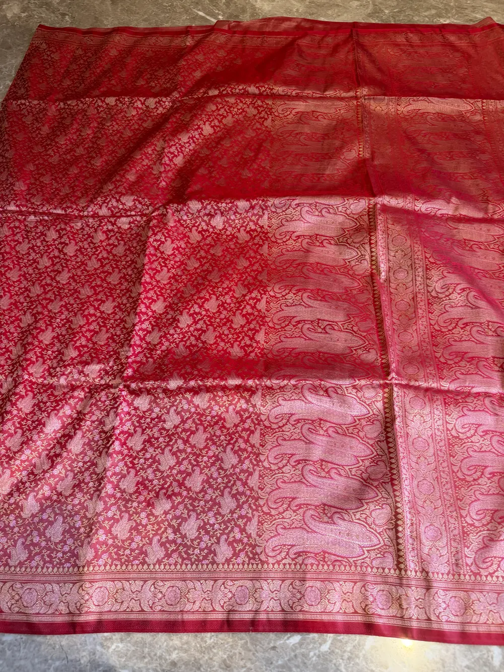 Red Silk Tanchoi Banarasi Saree with Vintage Paisley Pallu — Banarasi, Silk, Varanasi, Uttar Pradesh, view 7