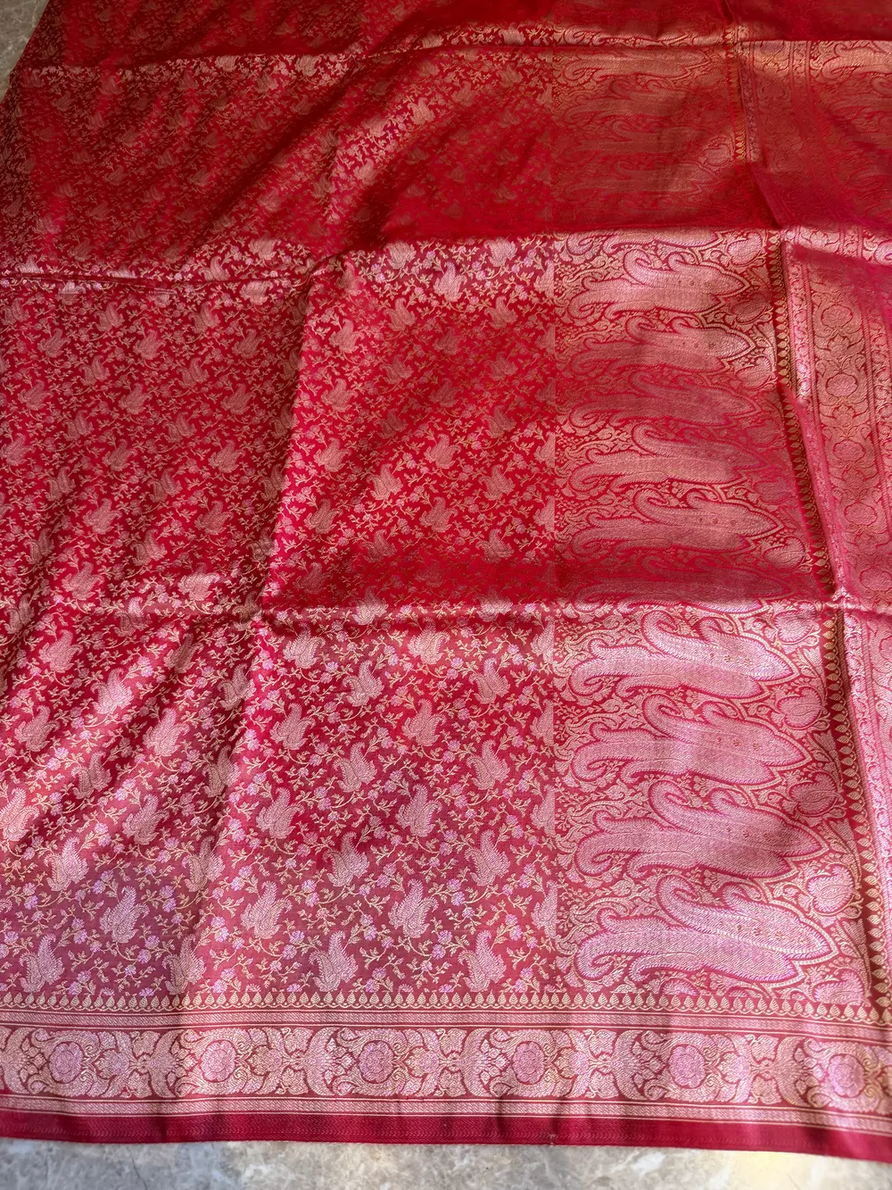 Red Silk Tanchoi Banarasi Saree with Vintage Paisley Pallu — Banarasi, Silk, Varanasi, Uttar Pradesh, view 8