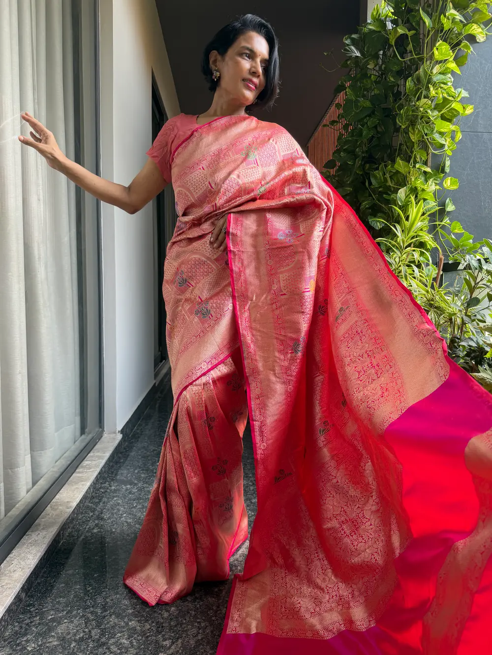 Rose Gold Silk Brocade Kimkhwab Kaduwa Meenakari Banarasi Saree — Banarasi, Silk Brocade Kimkhwab, Varanasi, Uttar Pradesh, view 4