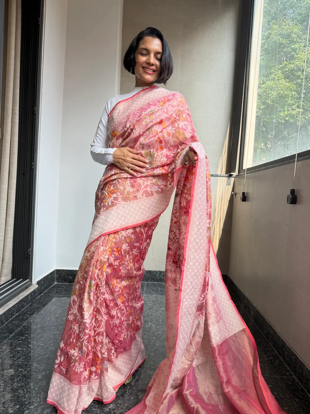 Rose Pink Tissue Cotton Cutwork Jamdani Banarasi Saree — Banarasi, Tissue Cotton, Varanasi, Uttar Pradesh, view 5