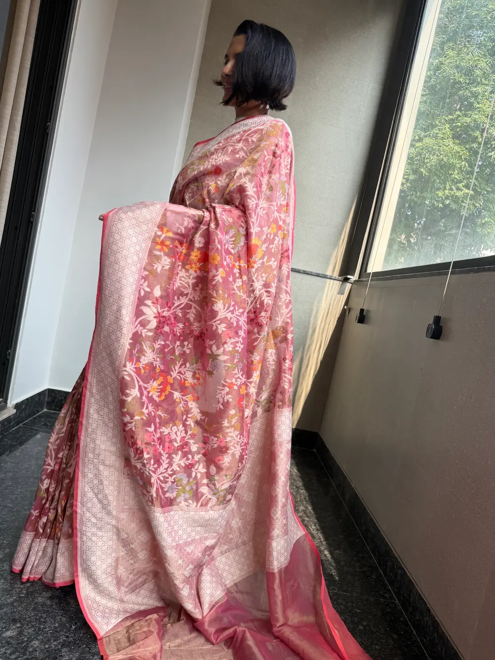 Rose Pink Tissue Cotton Cutwork Jamdani Banarasi Saree — Banarasi, Tissue Cotton, Varanasi, Uttar Pradesh, view 6