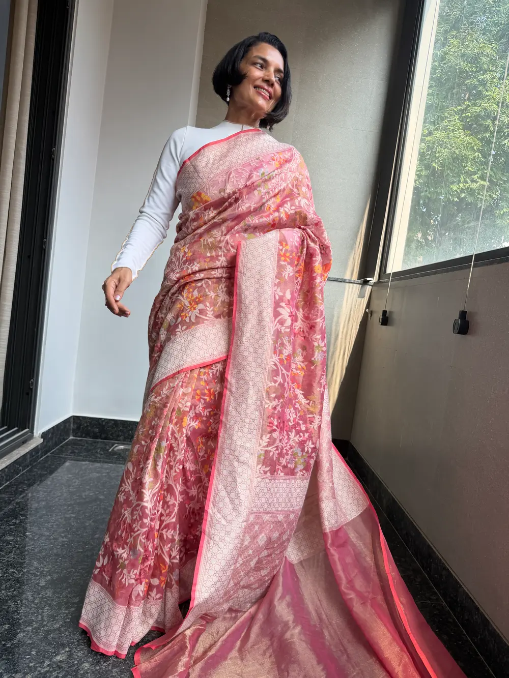 Rose Pink Tissue Cotton Cutwork Jamdani Banarasi Saree — Banarasi, Tissue Cotton, Varanasi, Uttar Pradesh, view 2