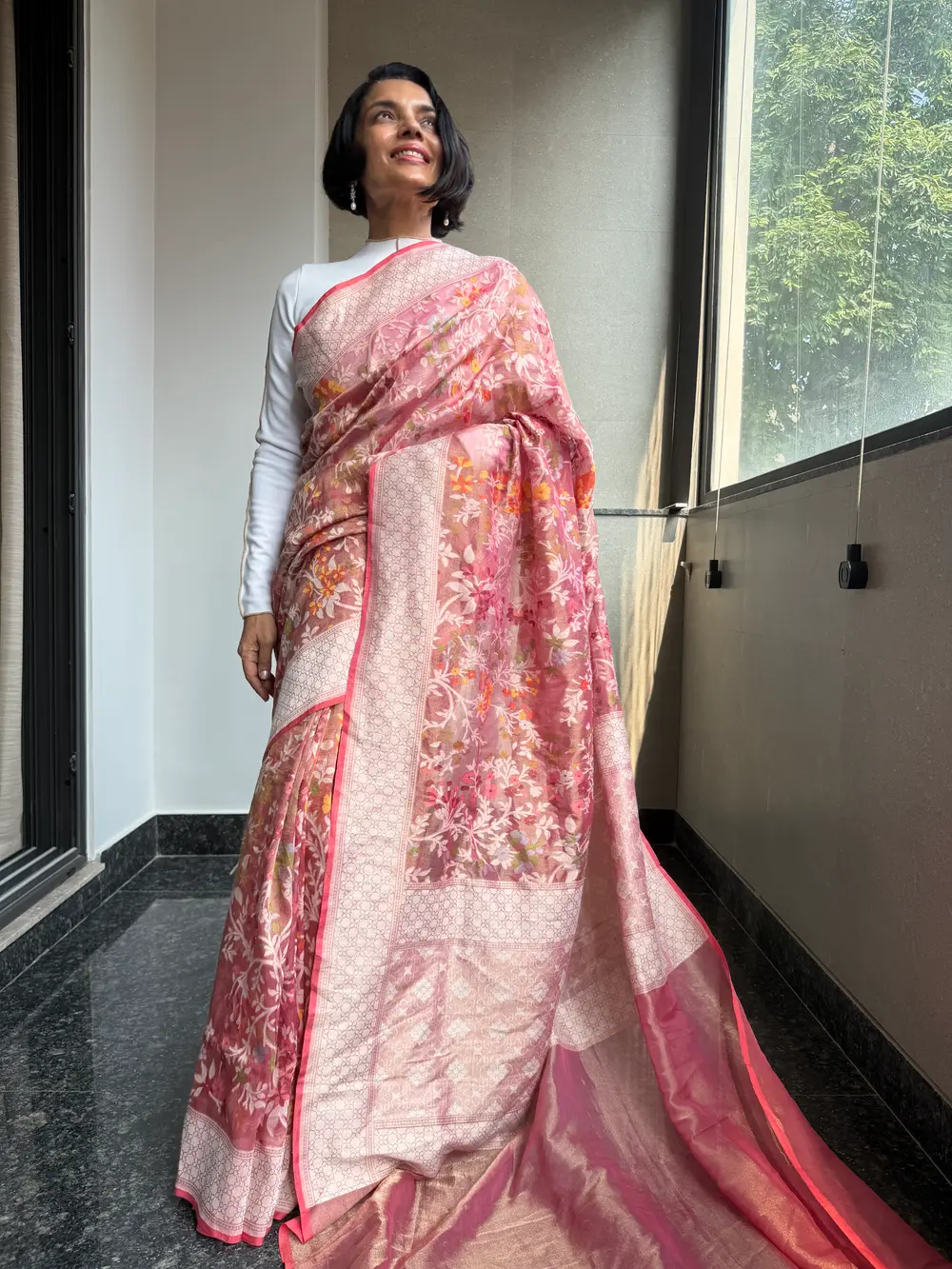 Rose Pink Tissue Cotton Cutwork Jamdani Banarasi Saree — Banarasi, Tissue Cotton, Varanasi, Uttar Pradesh