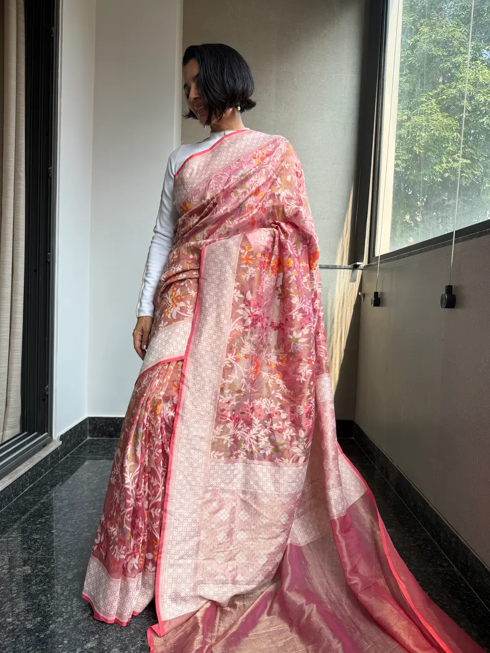 Rose Pink Tissue Cotton Cutwork Jamdani Banarasi Saree — Banarasi, Tissue Cotton, Varanasi, Uttar Pradesh, view 7