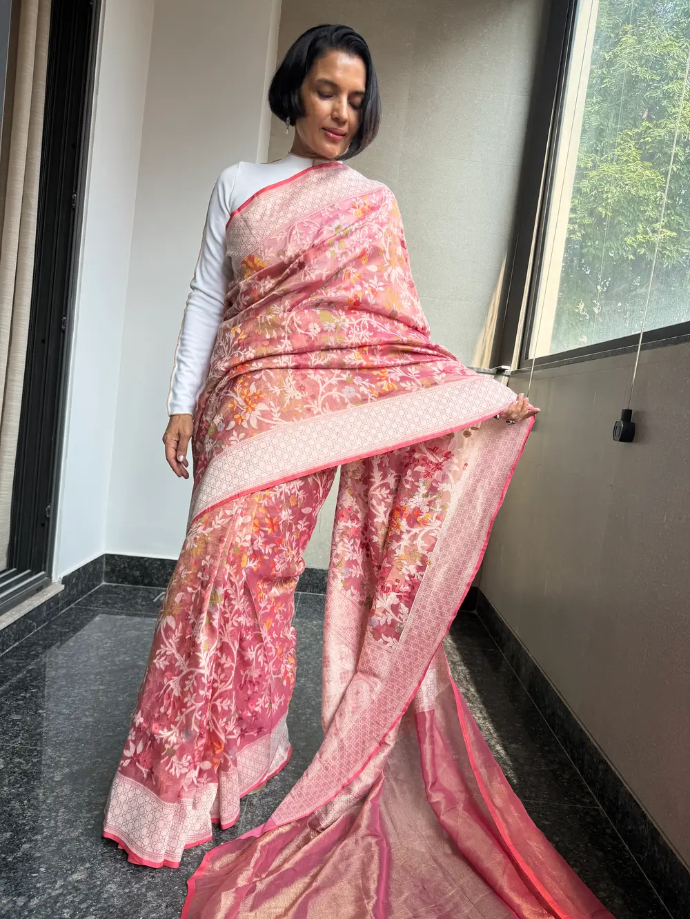 Rose Pink Tissue Cotton Cutwork Jamdani Banarasi Saree — Banarasi, Tissue Cotton, Varanasi, Uttar Pradesh, view 4
