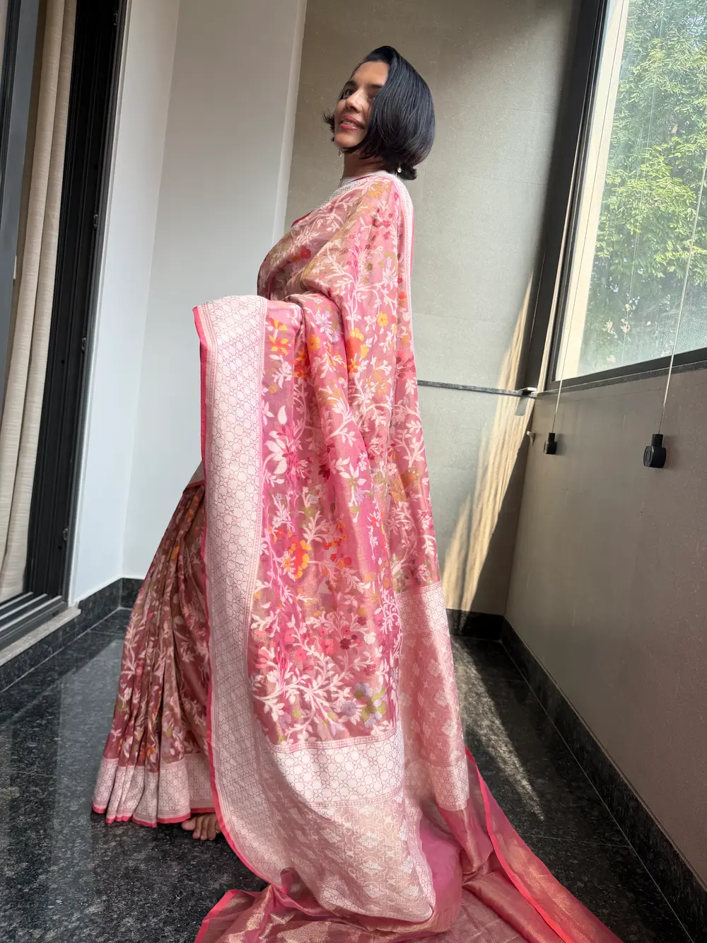 Rose Pink Tissue Cotton Cutwork Jamdani Banarasi Saree — Banarasi, Tissue Cotton, Varanasi, Uttar Pradesh, view 3