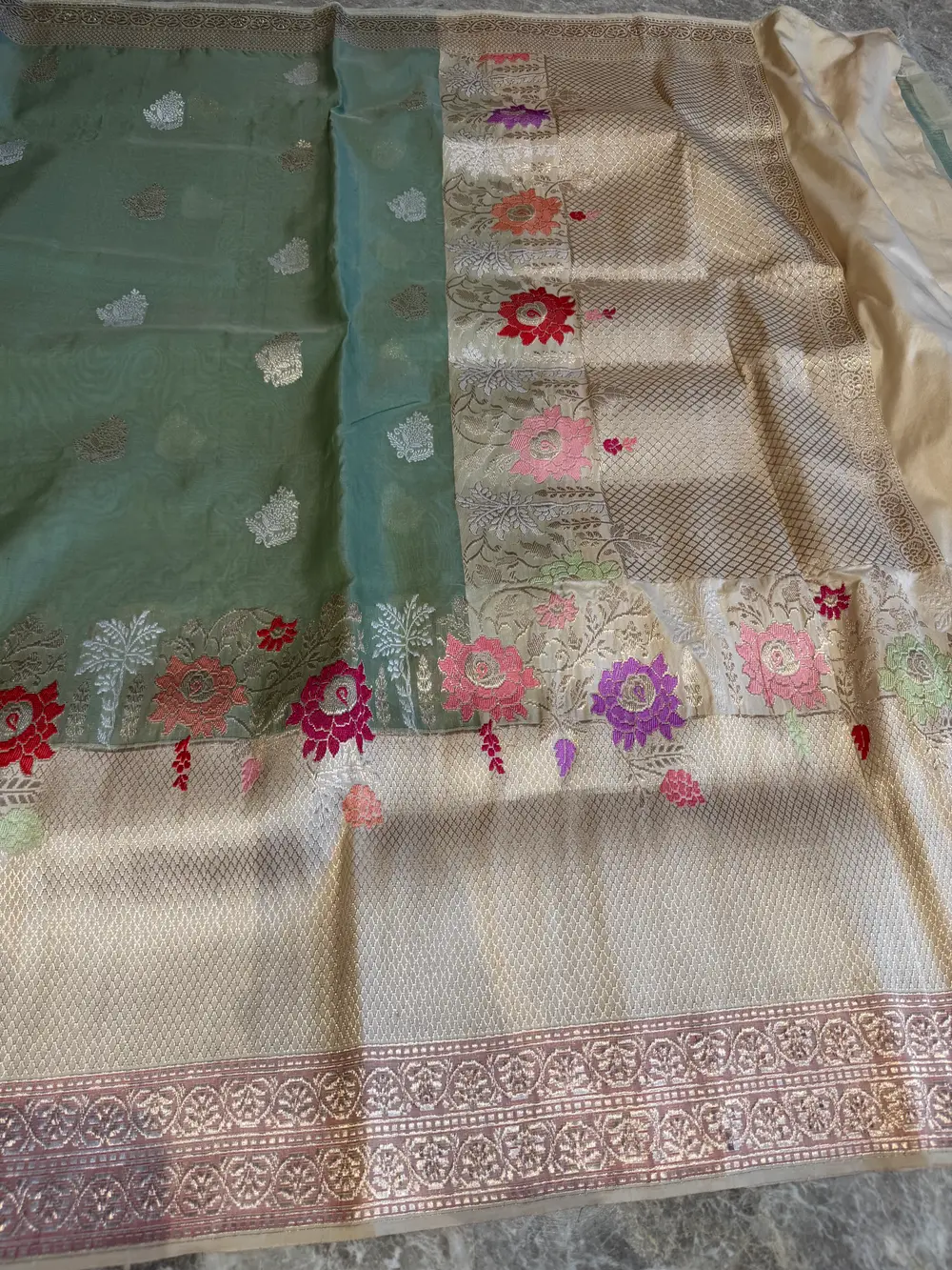 Sage Green Kora Silk Kaduwa Banarasi Saree with Sona Rupa Zari — Banarasi, Kora Silk, Varanasi, Uttar Pradesh, view 8