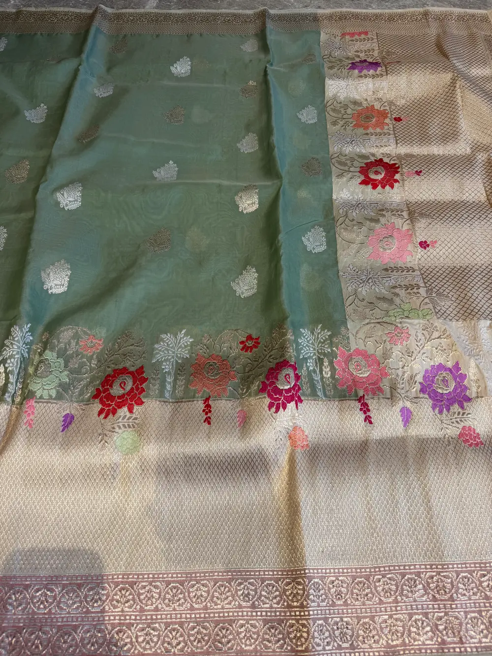 Sage Green Kora Silk Kaduwa Banarasi Saree with Sona Rupa Zari — Banarasi, Kora Silk, Varanasi, Uttar Pradesh, view 9