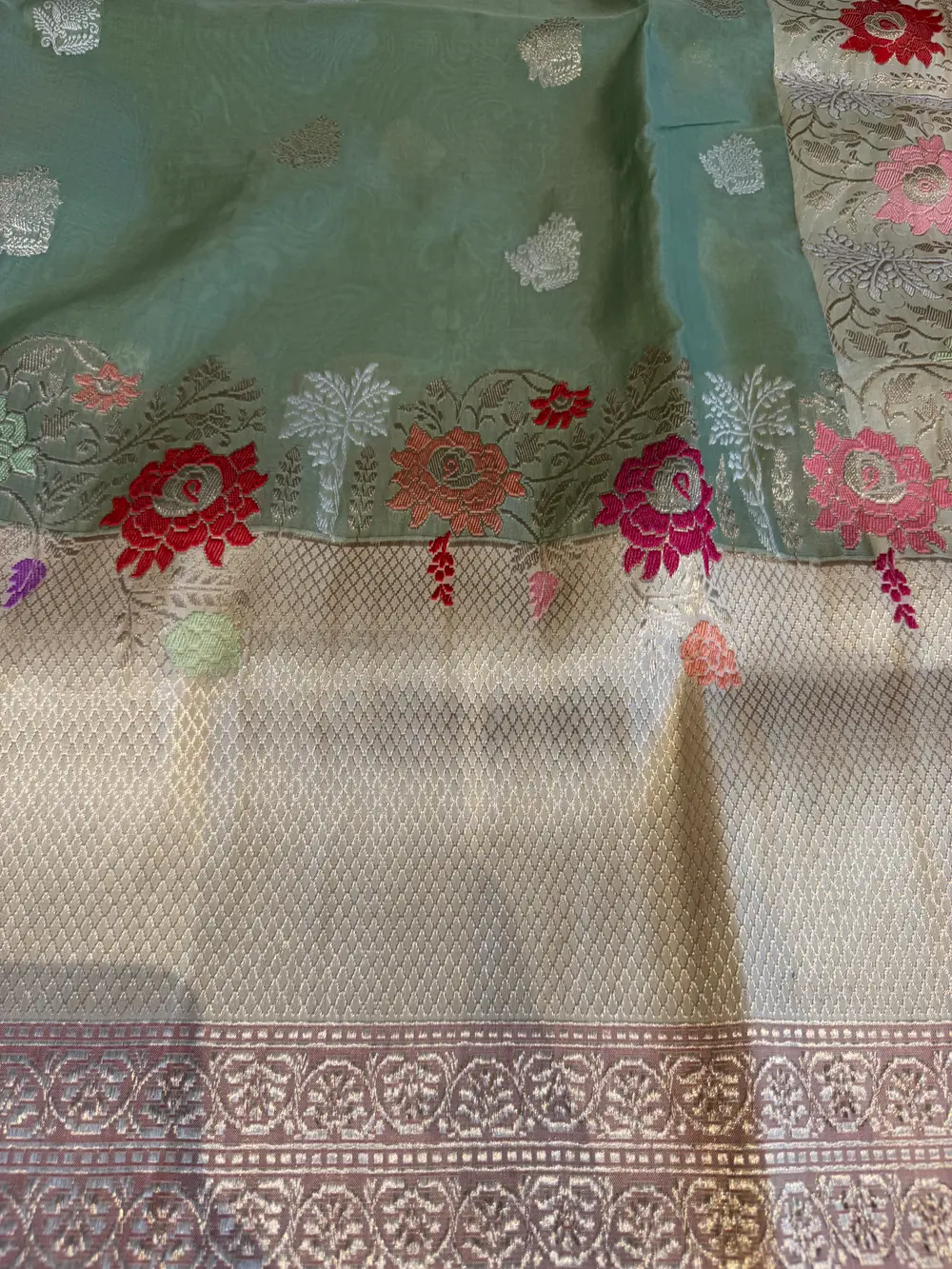 Sage Green Kora Silk Kaduwa Banarasi Saree with Sona Rupa Zari — Banarasi, Kora Silk, Varanasi, Uttar Pradesh, view 10