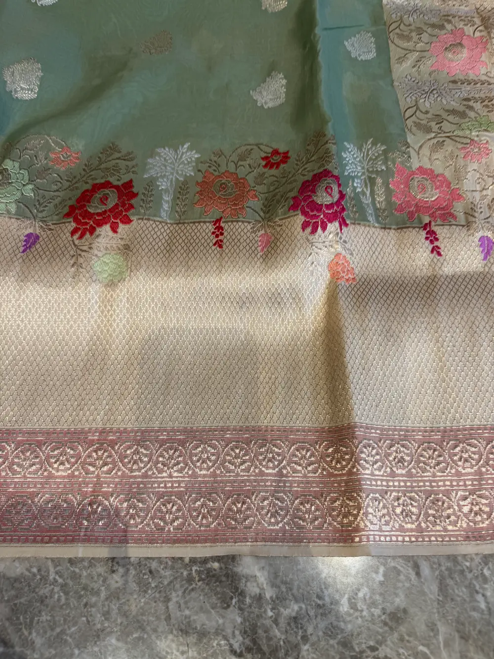 Sage Green Kora Silk Kaduwa Banarasi Saree with Sona Rupa Zari — Banarasi, Kora Silk, Varanasi, Uttar Pradesh, view 11