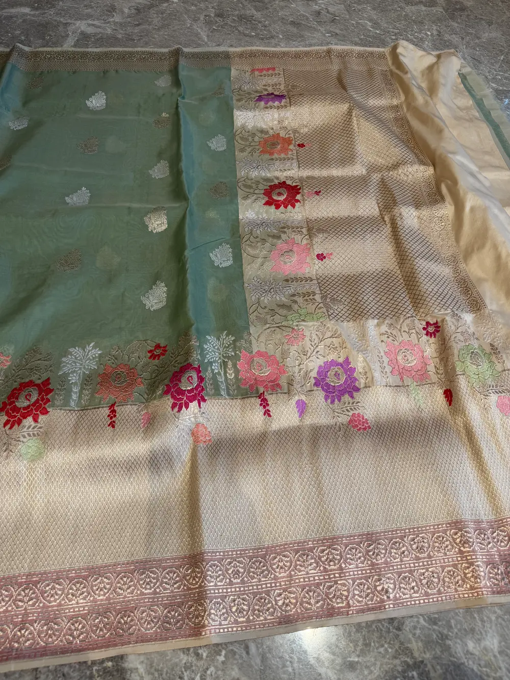 Sage Green Kora Silk Kaduwa Banarasi Saree with Sona Rupa Zari — Banarasi, Kora Silk, Varanasi, Uttar Pradesh, view 12