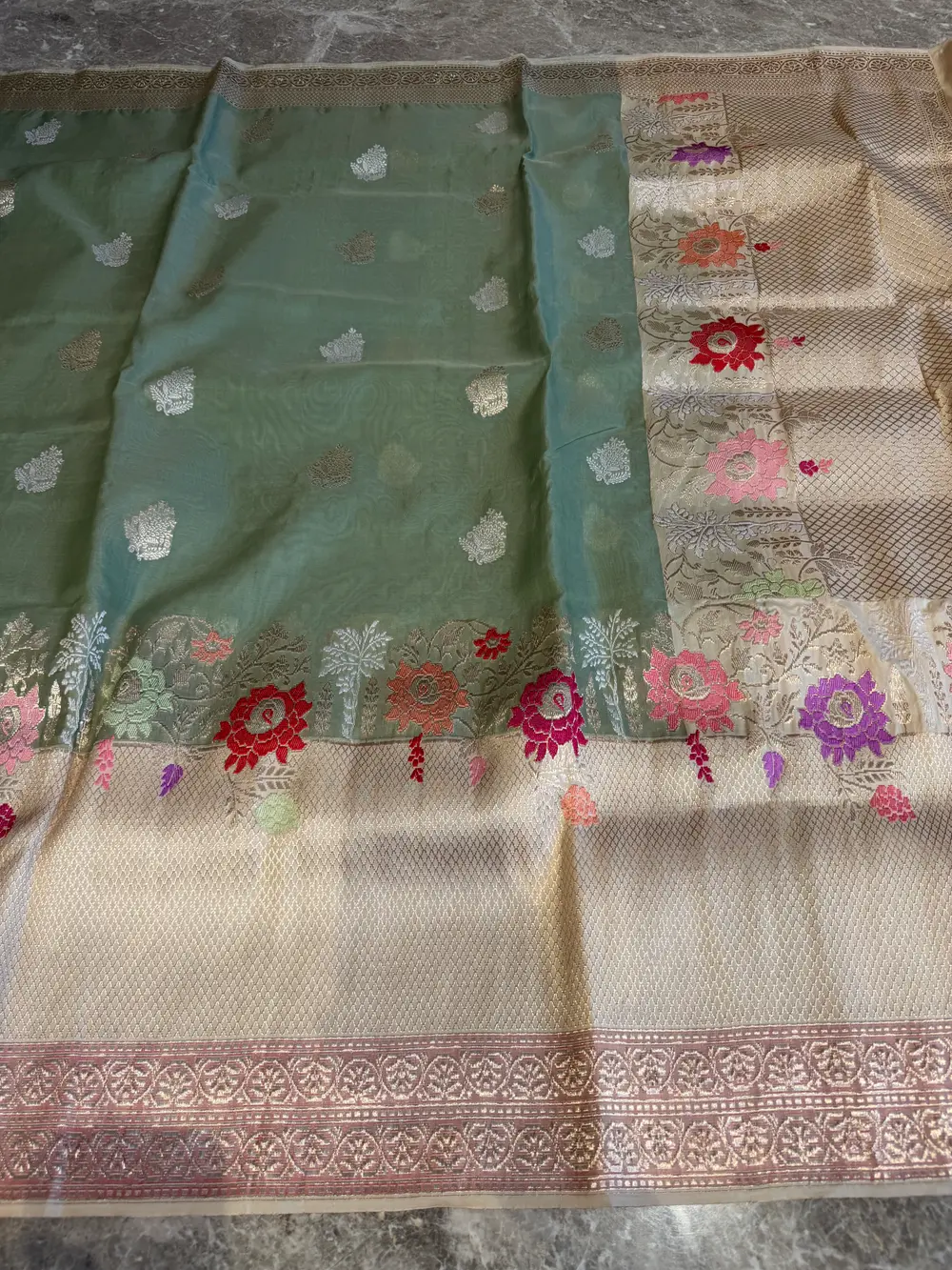 Sage Green Kora Silk Kaduwa Banarasi Saree with Sona Rupa Zari — Banarasi, Kora Silk, Varanasi, Uttar Pradesh, view 13