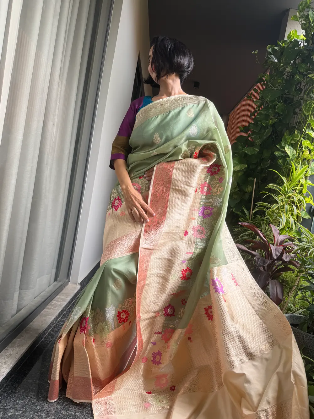 Sage Green Kora Silk Kaduwa Banarasi Saree with Sona Rupa Zari — Banarasi, Kora Silk, Varanasi, Uttar Pradesh, view 7