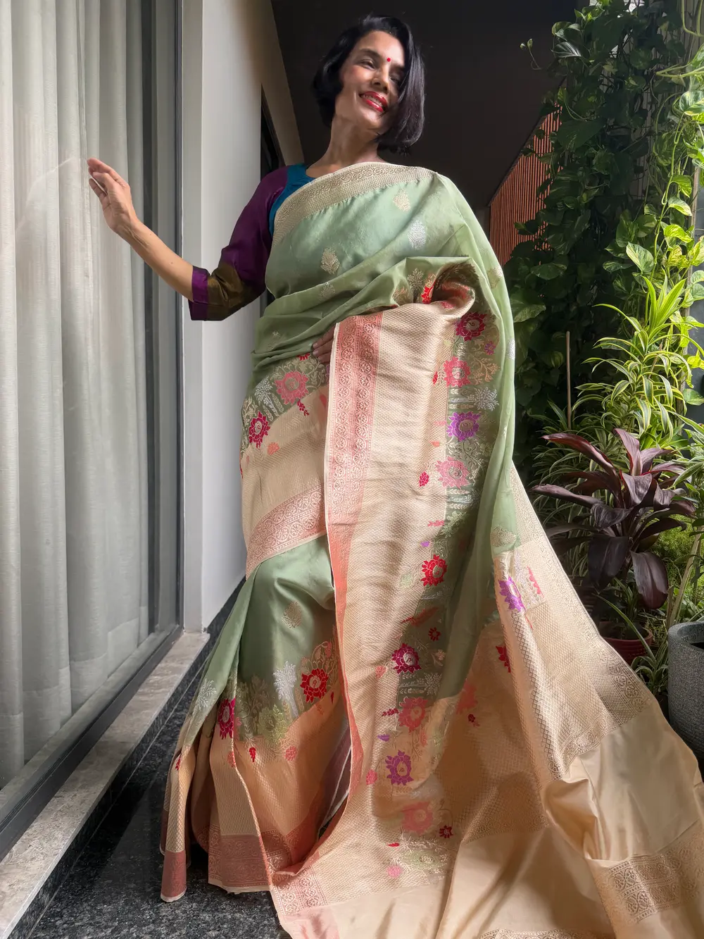 Sage Green Kora Silk Kaduwa Banarasi Saree with Sona Rupa Zari — Banarasi, Kora Silk, Varanasi, Uttar Pradesh