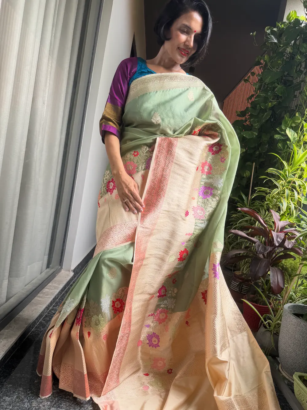 Sage Green Kora Silk Kaduwa Banarasi Saree with Sona Rupa Zari — Banarasi, Kora Silk, Varanasi, Uttar Pradesh, view 2