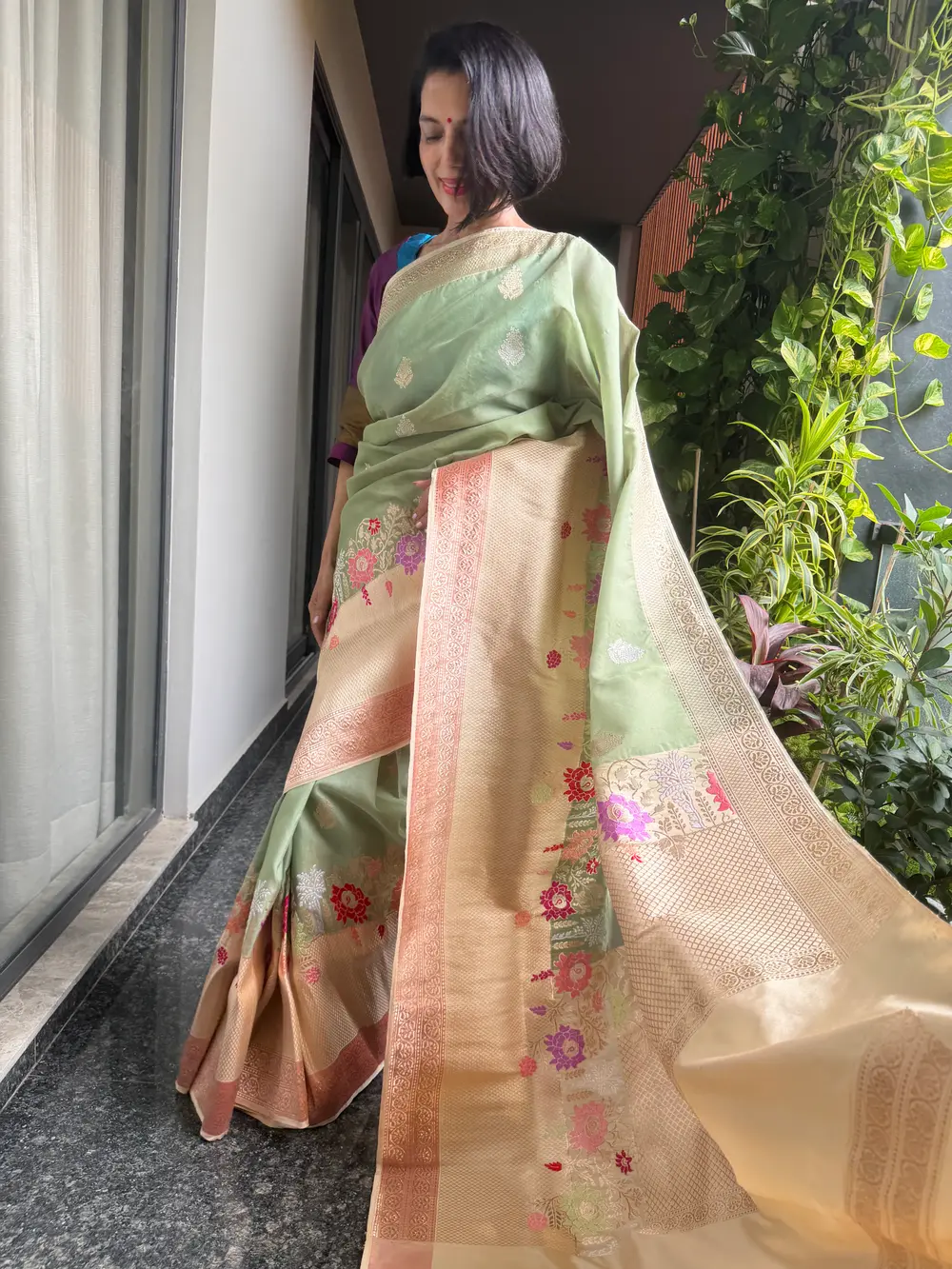 Sage Green Kora Silk Kaduwa Banarasi Saree with Sona Rupa Zari — Banarasi, Kora Silk, Varanasi, Uttar Pradesh, view 3