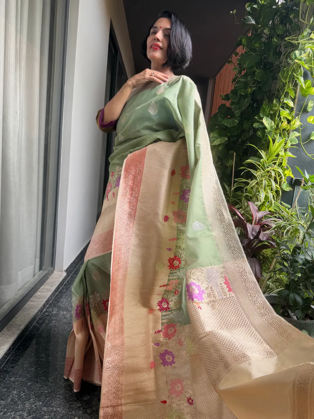 Sage Green Kora Silk Kaduwa Banarasi Saree with Sona Rupa Zari — Banarasi, Kora Silk, Varanasi, Uttar Pradesh, view 4