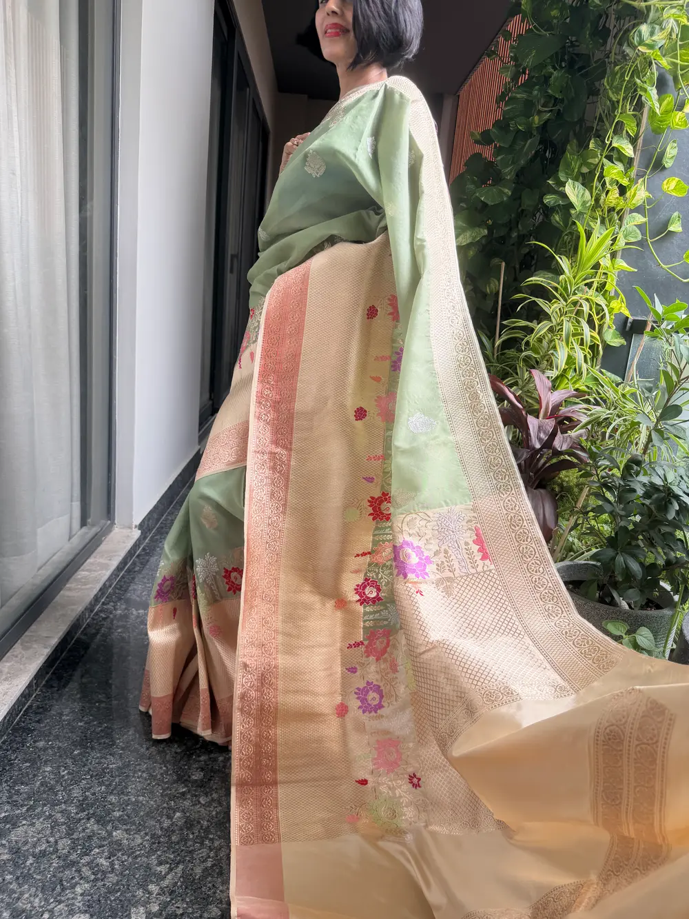 Sage Green Kora Silk Kaduwa Banarasi Saree with Sona Rupa Zari — Banarasi, Kora Silk, Varanasi, Uttar Pradesh, view 5