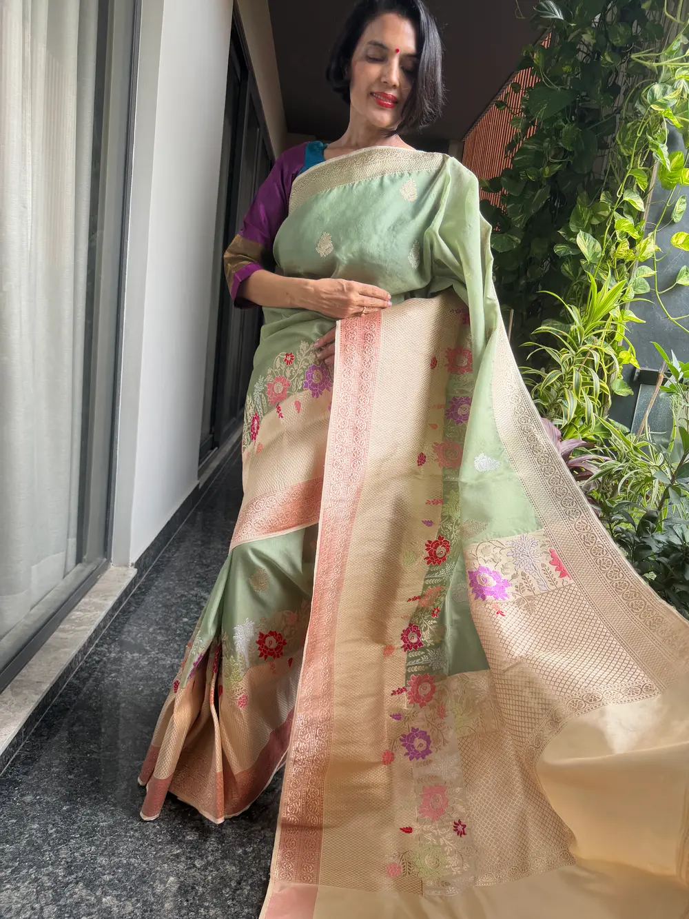 Sage Green Kora Silk Kaduwa Banarasi Saree with Sona Rupa Zari — Banarasi, Kora Silk, Varanasi, Uttar Pradesh, view 6