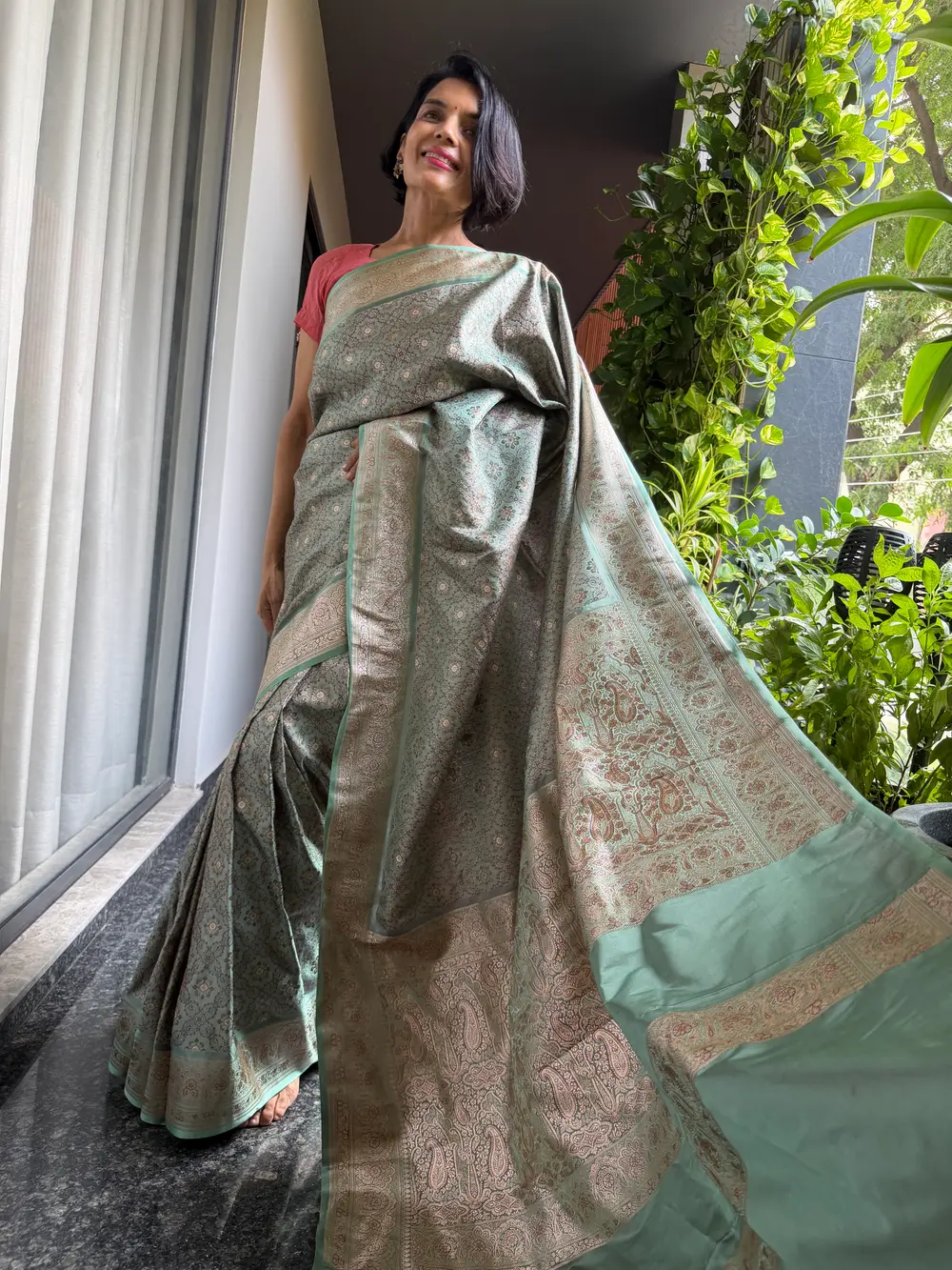 Limited-Edition Seafoam Tanchoi–Khimkhaab Fusion Banarasi Saree — Banarasi, Silk Tanchoi & Silk Brocade Khimkhaab, Varanasi, Uttar Pradesh, view 3