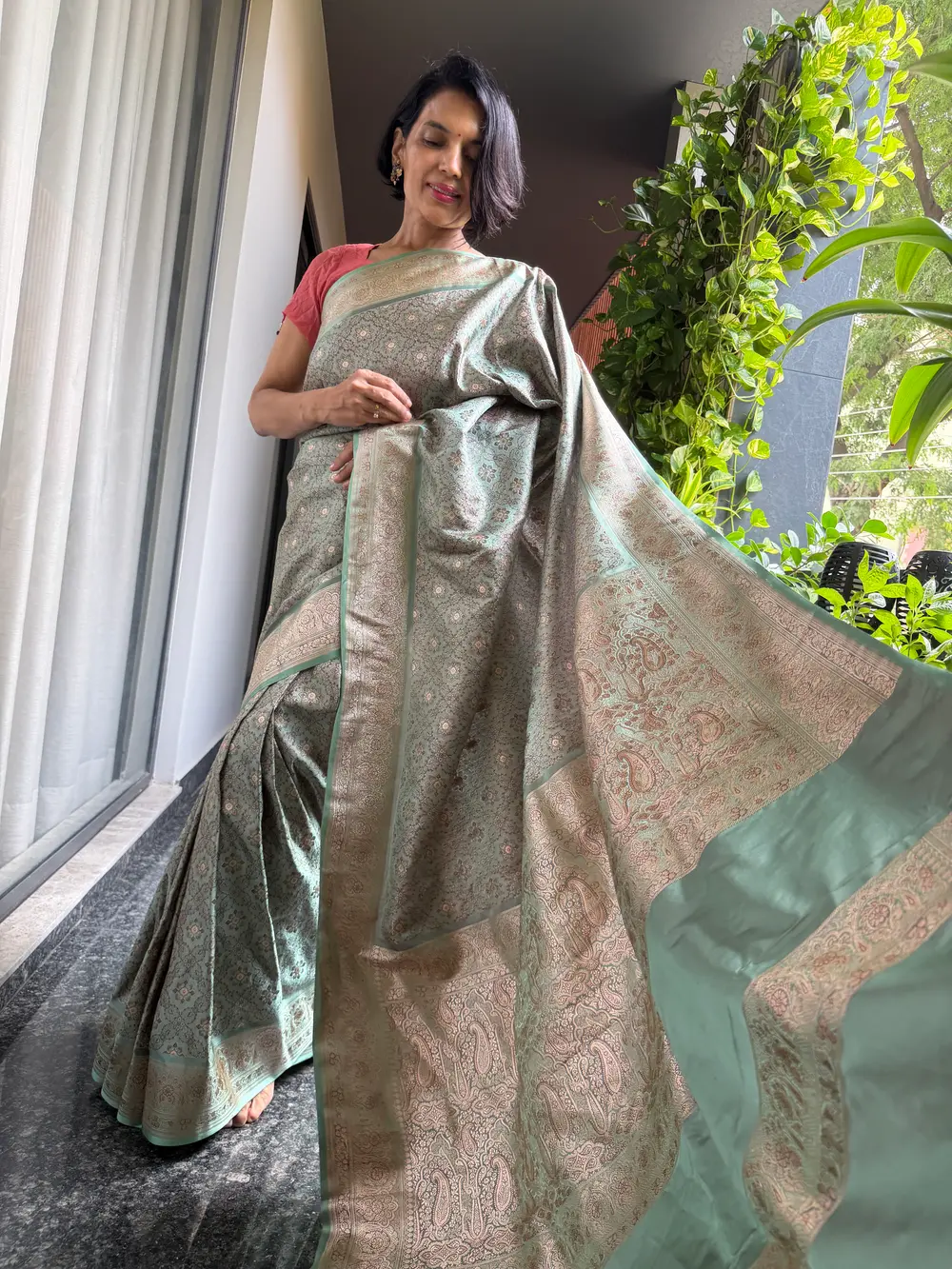 Limited-Edition Seafoam Tanchoi–Khimkhaab Fusion Banarasi Saree — Banarasi, Silk Tanchoi & Silk Brocade Khimkhaab, Varanasi, Uttar Pradesh, view 7
