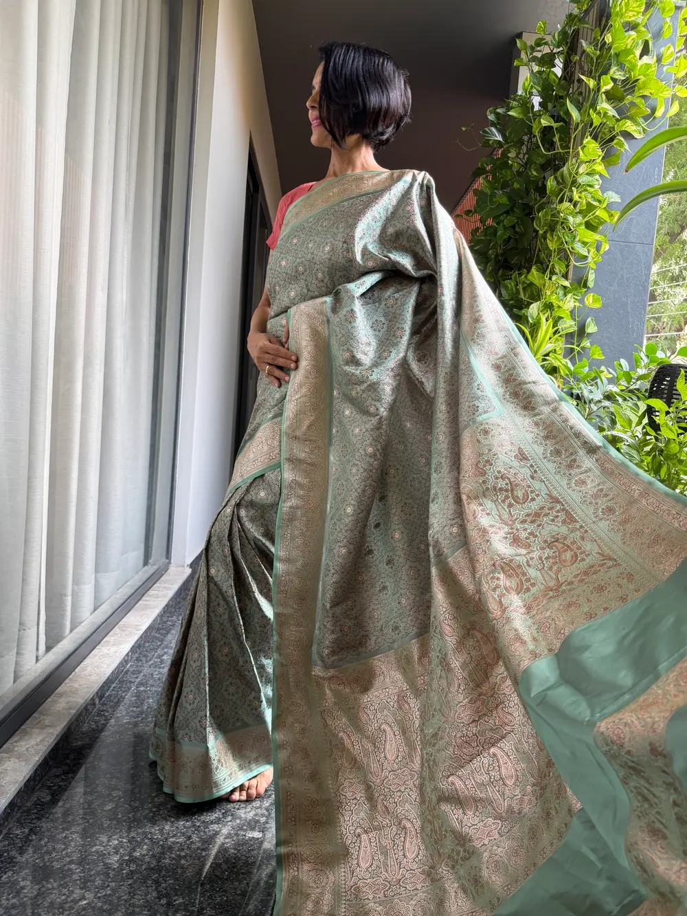 Limited-Edition Seafoam Tanchoi–Khimkhaab Fusion Banarasi Saree — Banarasi, Silk Tanchoi & Silk Brocade Khimkhaab, Varanasi, Uttar Pradesh, view 5