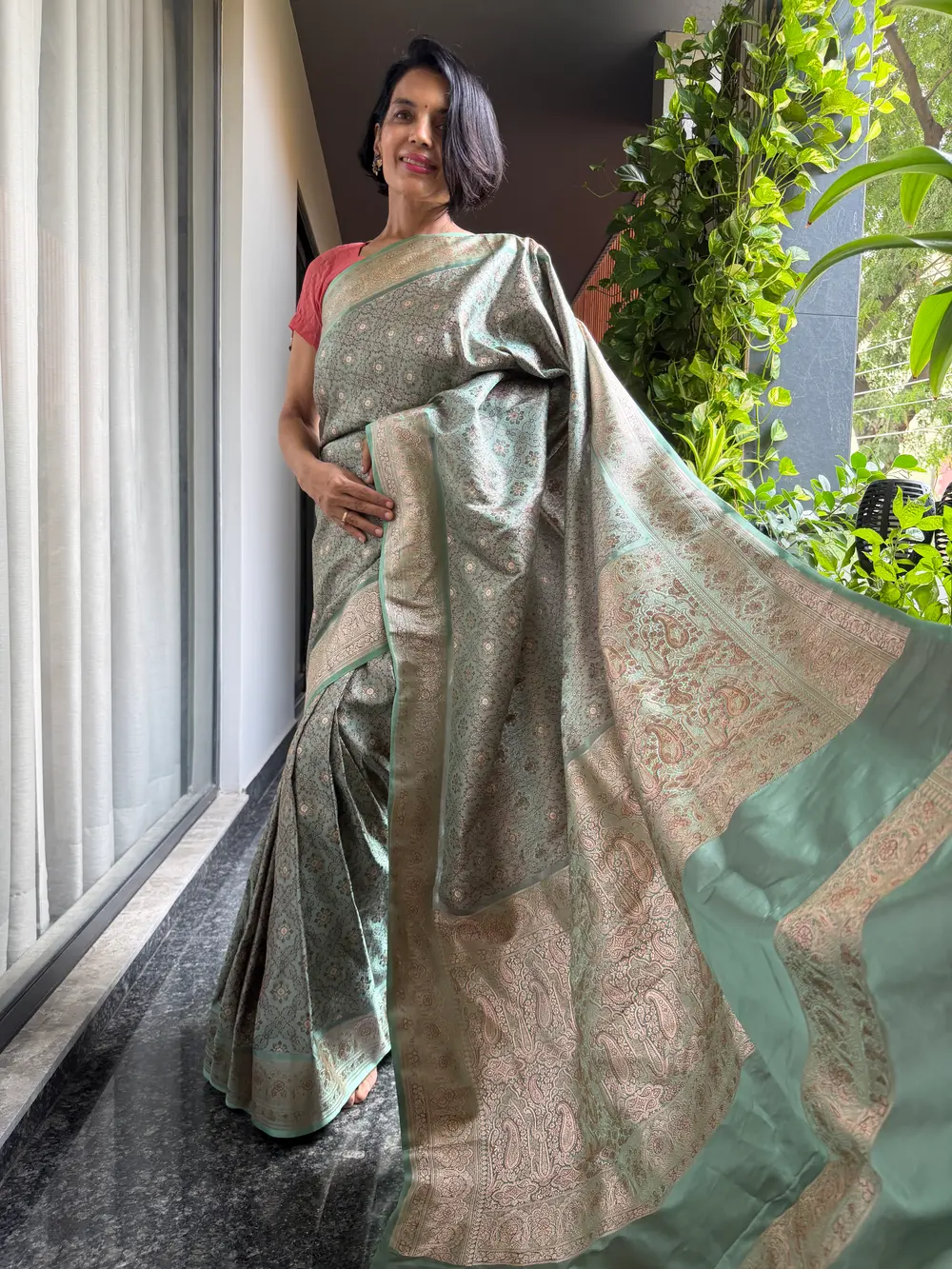 Limited-Edition Seafoam Tanchoi–Khimkhaab Fusion Banarasi Saree — Banarasi, Silk Tanchoi & Silk Brocade Khimkhaab, Varanasi, Uttar Pradesh, view 2
