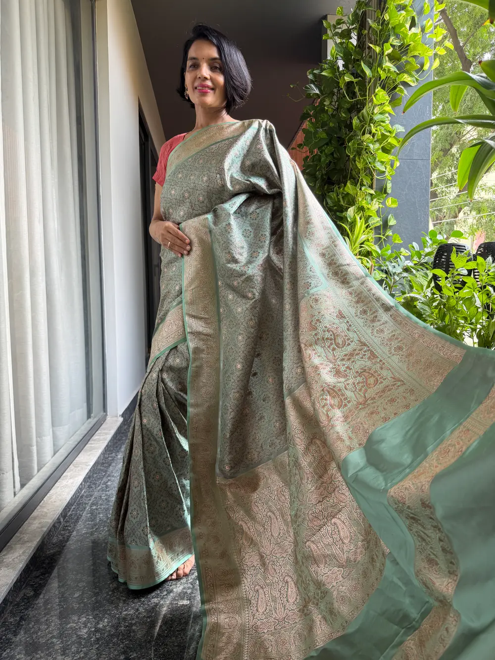Limited-Edition Seafoam Tanchoi–Khimkhaab Fusion Banarasi Saree — Banarasi, Silk Tanchoi & Silk Brocade Khimkhaab, Varanasi, Uttar Pradesh