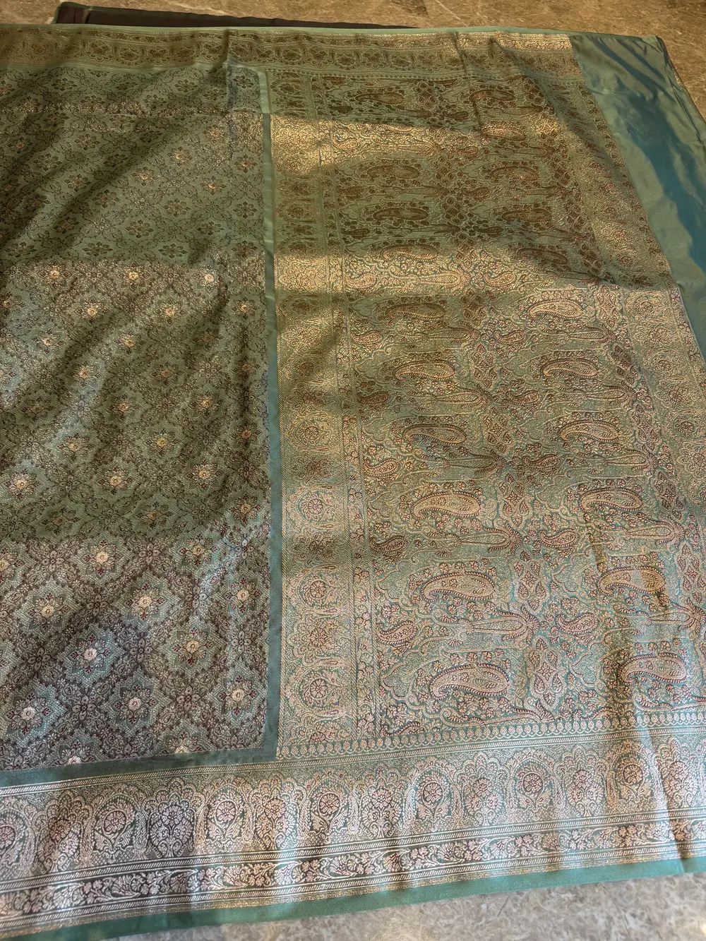 Limited-Edition Seafoam Tanchoi–Khimkhaab Fusion Banarasi Saree — Banarasi, Silk Tanchoi & Silk Brocade Khimkhaab, Varanasi, Uttar Pradesh, view 9