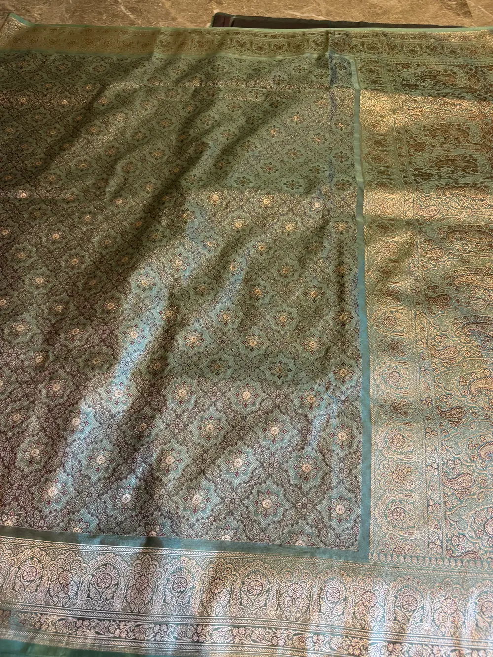 Limited-Edition Seafoam Tanchoi–Khimkhaab Fusion Banarasi Saree — Banarasi, Silk Tanchoi & Silk Brocade Khimkhaab, Varanasi, Uttar Pradesh, view 10