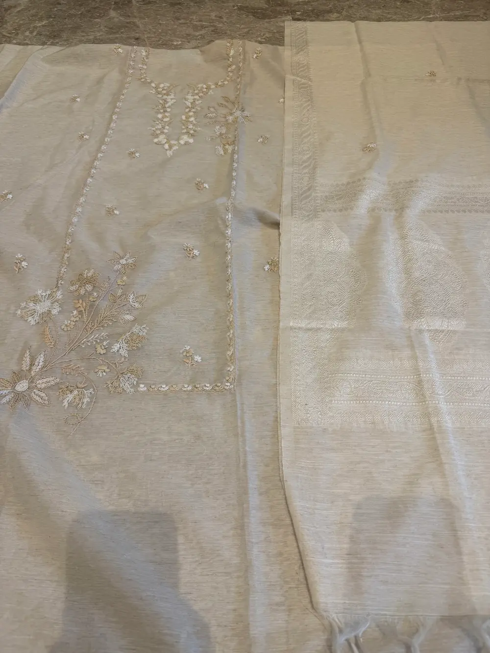 Tussar Silk Hand Embroidered Unstitched Suit Set in Sage — Tussar Silk, India