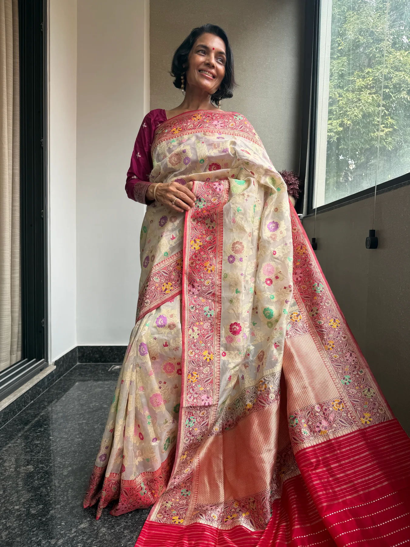 Ivory and crimson Tissue Katan silk Multi-Meena Kaduwa Banarasi saree