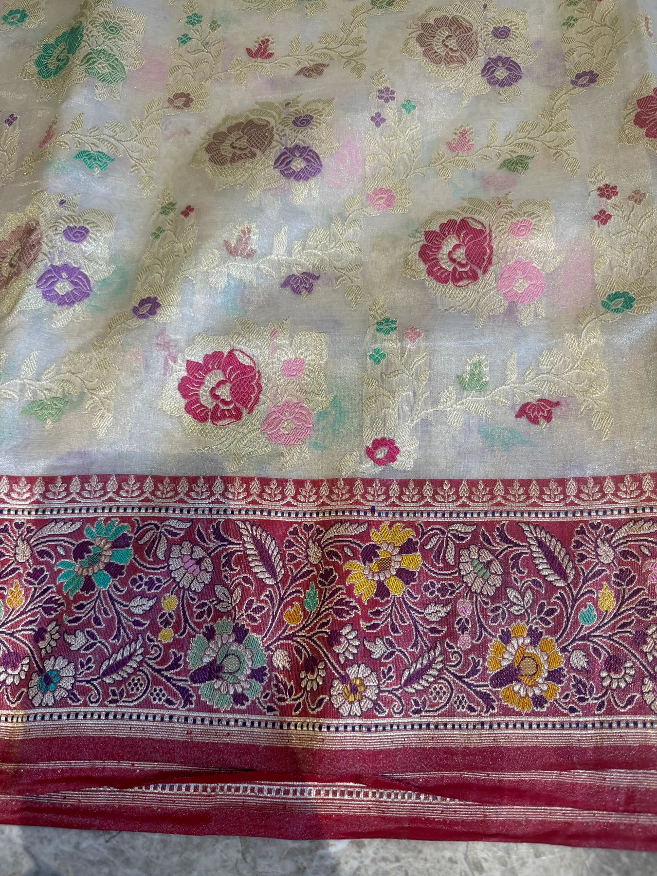 Ivory and crimson Tissue Katan silk Multi-Meena Kaduwa Banarasi saree detail 8