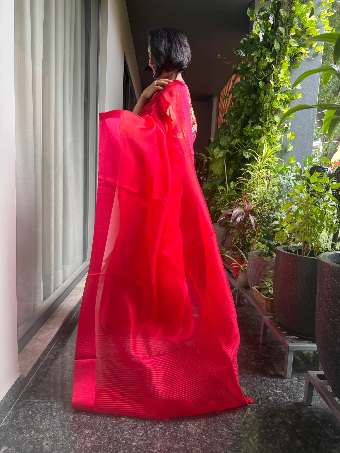 Modern Red Kora Silk & Mushroo Twill Banarasi Saree — Banarasi, Kora Silk & Mushroo Twill Silk, Varanasi, Uttar Pradesh, view 5