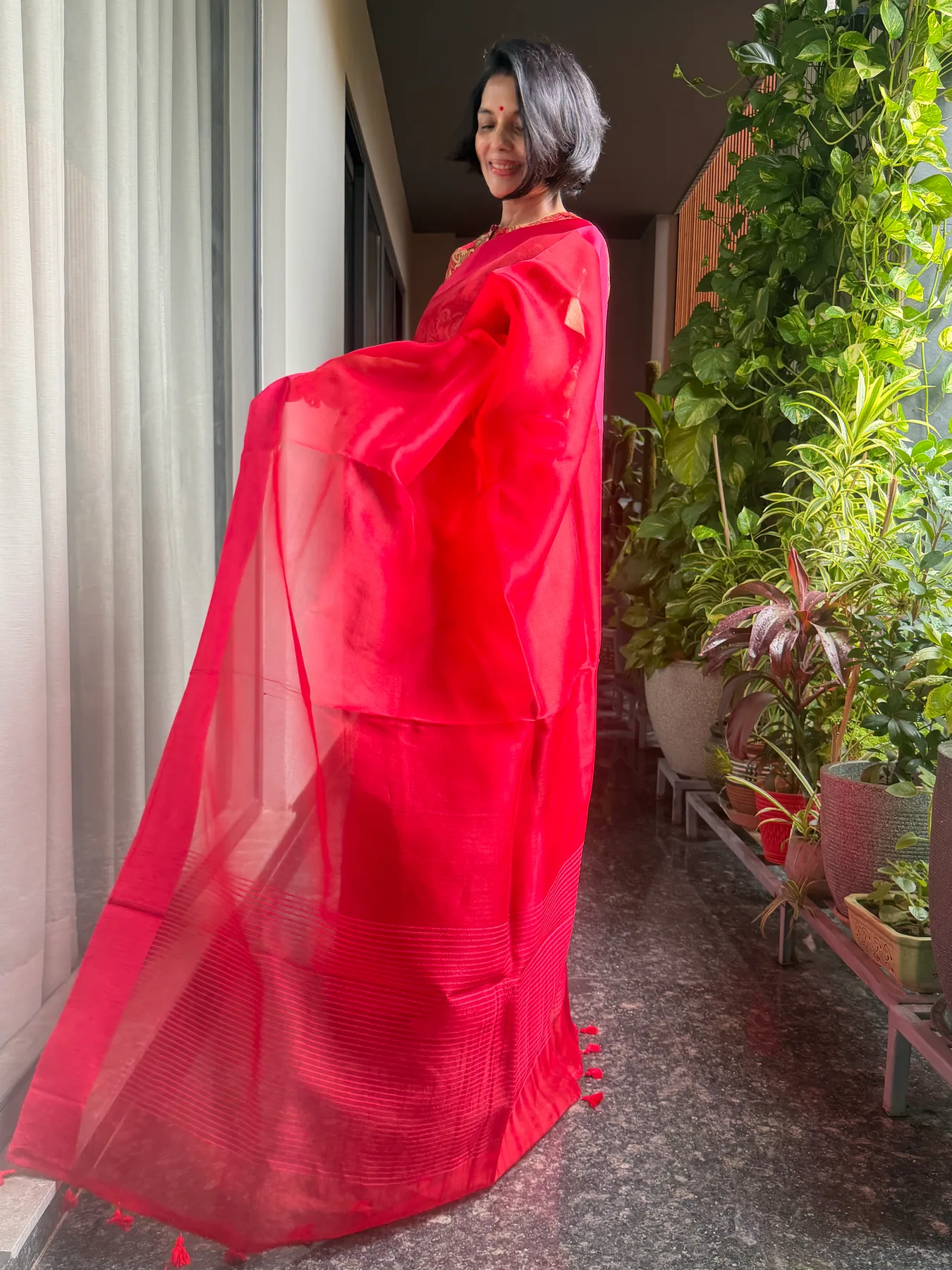 Modern Red Kora Silk & Mushroo Twill Banarasi Saree — Banarasi, Kora Silk & Mushroo Twill Silk, Varanasi, Uttar Pradesh, view 2