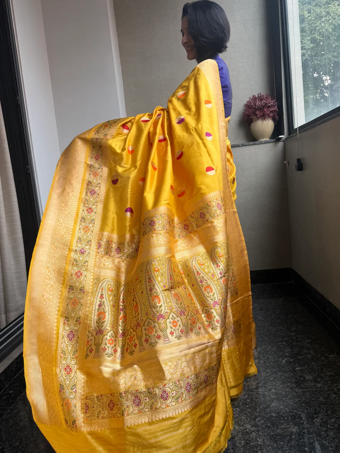 Mustard Gold Pure Katan Silk Kaduwa Meena Banarasi Saree — view 7