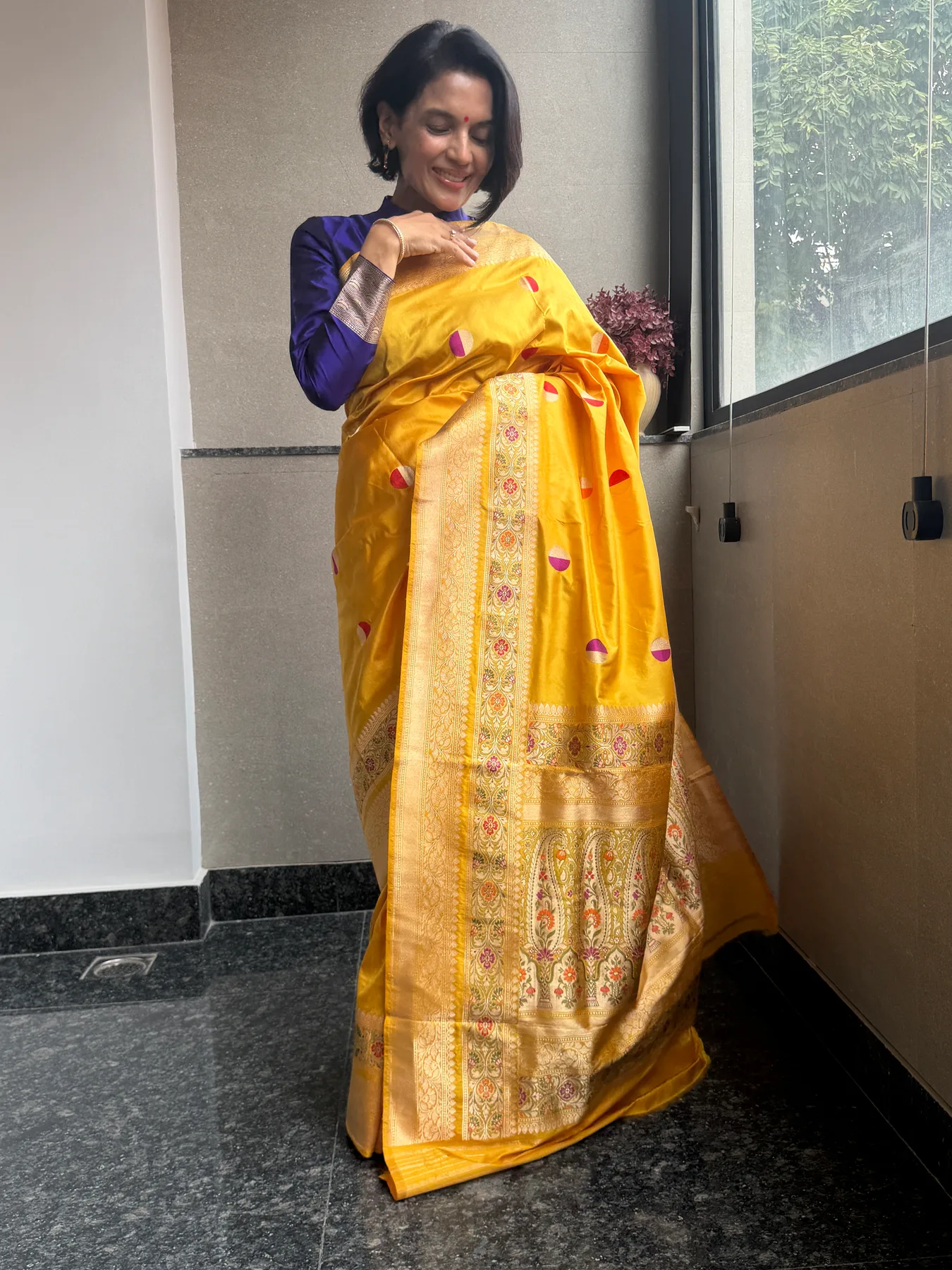 Mustard Gold Pure Katan Silk Kaduwa Meena Banarasi Saree — view 5