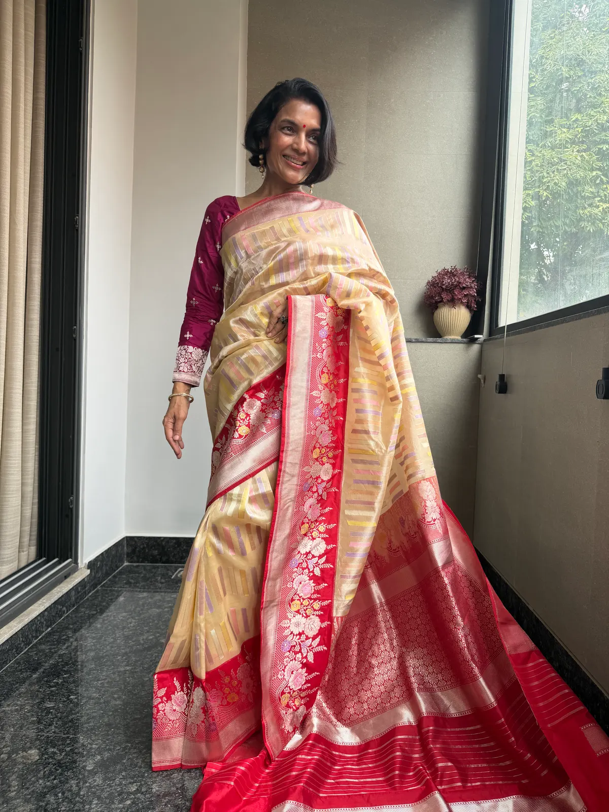 Nafees ivory Rangkaat Kora Silk Kaduwa Banarasi saree